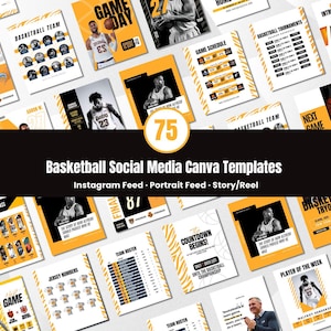 以下が含まれることがあります： Instagram、ポートレート、ストーリーフィード用の75個のバスケットボールをテーマにしたソーシャルメディアテンプレートのコレクション。テンプレートは、バスケットボールの画像とテキストを使用した黒と黄色のカラースキームを備えています。