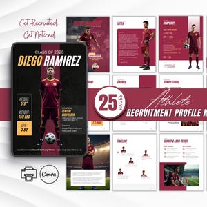 Puede incluir: Un kit de perfil de reclutamiento de atletas granate y dorado con 25 páginas. El kit incluye un perfil de Diego Ramírez, futbolista, con su altura, peso y GPA. El kit también incluye una instantánea, una descripción general y una línea de tiempo.