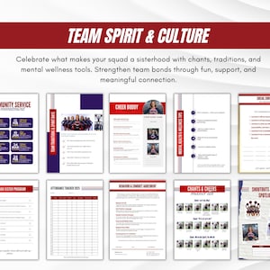 Pu&ograve; includere: Una raccolta di documenti stampabili con un tema rosso e bianco, che promuovono lo spirito di squadra e la cultura. I documenti includono argomenti come il servizio alla comunit&agrave;, le tradizioni del team, il cheerleading e consigli per il benessere mentale. Il testo "TEAM SPIRIT & CULTURE" &egrave; in alto.