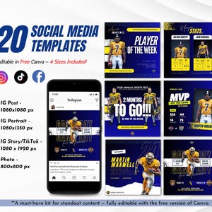 20 American Football Social Media Templates | Game Day, Player Stats, Match Schedules & More | Editable Canva Kit – 4 Sizes Included
