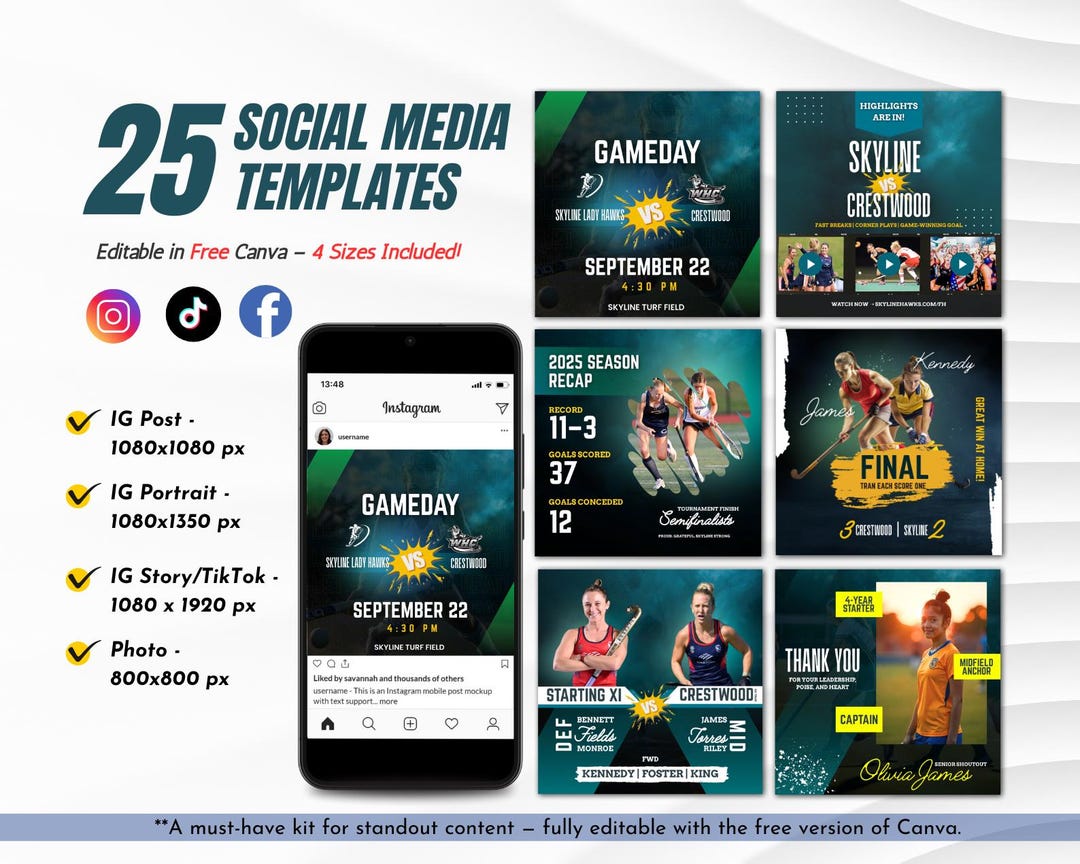 Field Hockey Social Media Template Bundle Editable in Canva Game Day ...