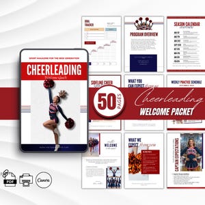 Könnte beinhalten: Ein digitales Cheerleading-Willkommenspaket mit 50 Seiten. Das Cover zeigt eine Cheerleaderin in roter, weißer und blauer Uniform. Das Paket enthält einen Ziel-Tracker, eine Programmübersicht, einen Saisonkalender und mehr. PDF- und Canva-Optionen verfügbar.