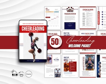May include: A digital Cheerleading Welcome Packet with 50 pages. The cover features a cheerleader in a red, white, and blue uniform. The packet includes a goal tracker, program overview, season calendar, and more. PDF and Canva options are available.