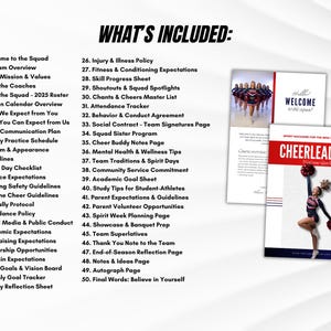 Pu&ograve; includere: Un'immagine con un elenco degli elementi inclusi in un programma di cheerleading, con il titolo "WHAT'S INCLUDED:" in grassetto, testo nero. L'immagine mostra anche una copertina di rivista con la parola "CHEERLEADING" e una foto di cheerleader.