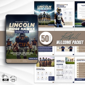 Puede incluir: Un paquete de bienvenida de fútbol con una combinación de colores azul marino y dorado. La portada presenta a un jugador de fútbol y el texto "Lincoln Ridge Hawks Football Team". El paquete incluye 50 páginas de información, incluidas las pautas de práctica y el protocolo del día del partido.
