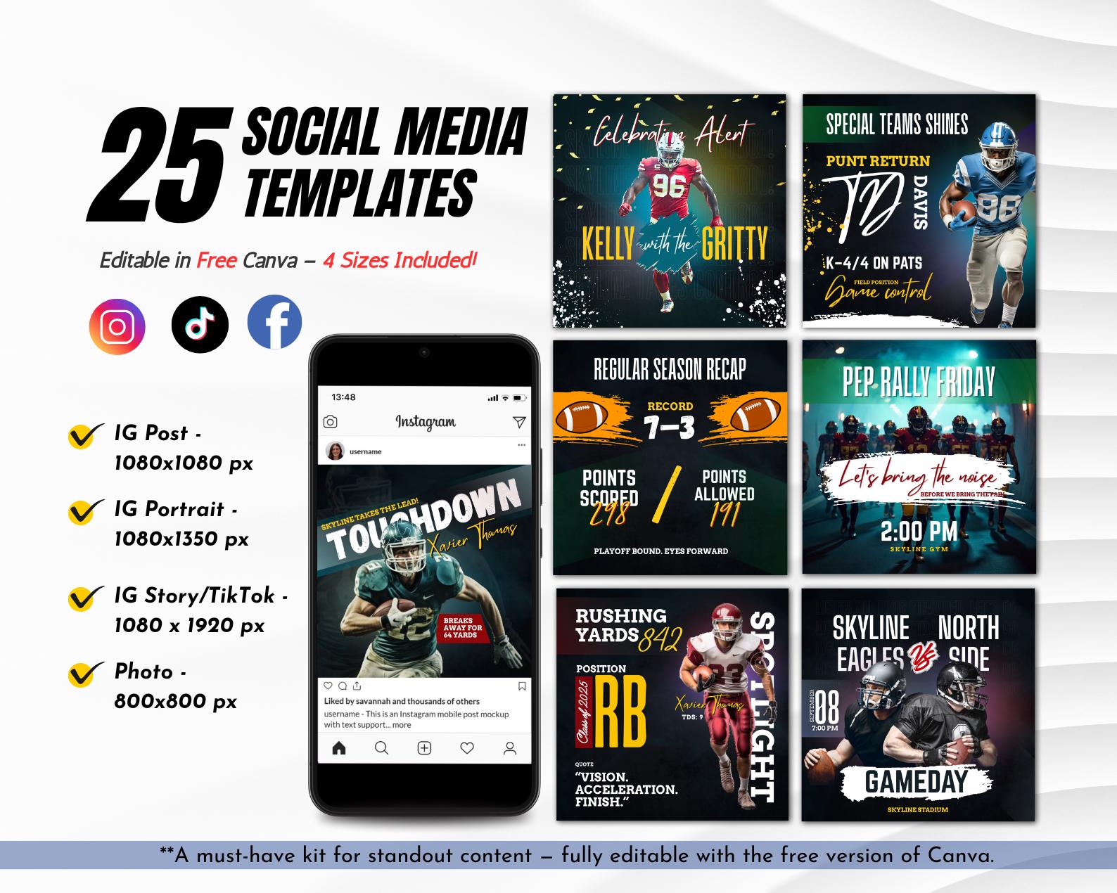 25 American Football Social Media Vorlagen | Spieltag, Spieler-Statistiken, Spielpläne & Mehr | Bearbeitbares Canva Kit - 4 Größen enthalten