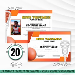 Puede incluir: Dos certificados de lacrosse con detalles en naranja y blanco. Un certificado incluye una foto de una persona sosteniendo un trofeo. El texto dice "JUGADOR MÁS VALIOSO (MVP)" y "NOMBRE DEL RECEPTOR". La imagen también incluye un gráfico de un palo y una pelota de lacrosse.