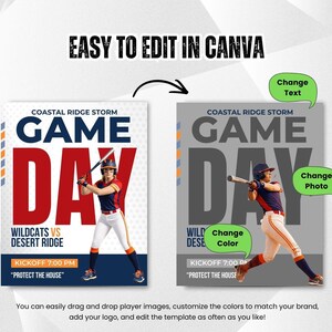 May include: A baseball game day template with the text "GAME DAY" in large red and navy blue letters. The template includes a photo of a baseball player and the text "EASY TO EDIT IN CANVA".