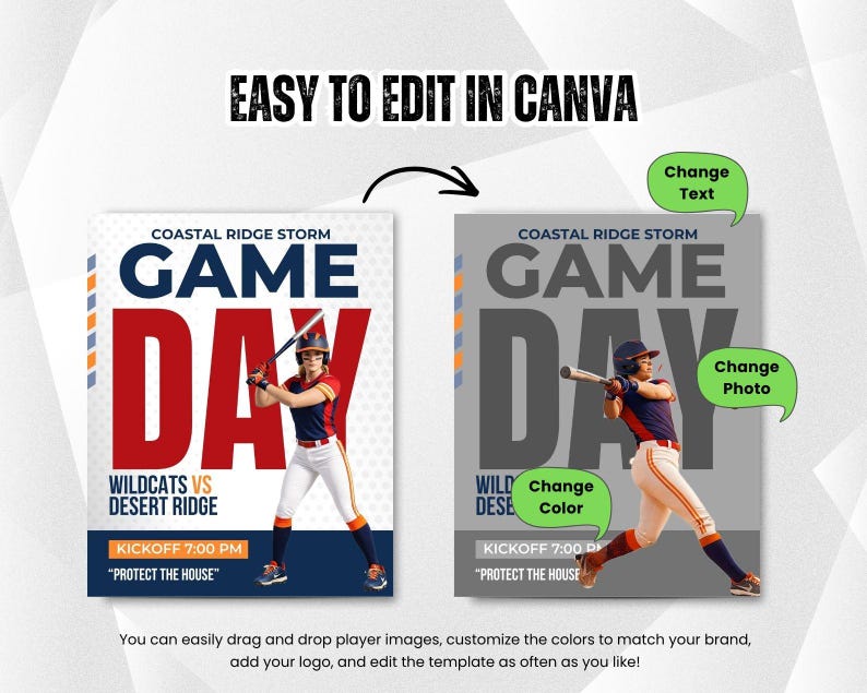 May include: A baseball game day template with the text "GAME DAY" in large red and navy blue letters. The template includes a photo of a baseball player and the text "EASY TO EDIT IN CANVA".