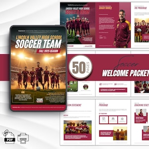 May include: A soccer welcome packet with a maroon and gold color scheme. The cover features the Lincoln Valley High School Soccer Team and the text "Fall 2025 Season." The packet includes 50 pages of information.