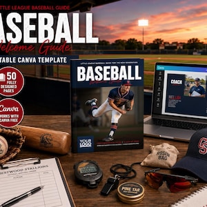 May include: A digital baseball welcome guide template displayed on a laptop and a printed booklet, featuring a baseball, glove, wooden bat, stopwatch, whistle, rosin bag, pine tar, sunglasses, a baseball cap, and a Crestwood Stallions batting order sheet.