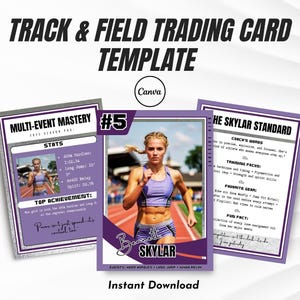 May include: A purple and white track and field trading card template with a photo of a female athlete running on a track. The card includes the athlete's name, "Skylar", and statistics for her events, including the 400m hurdles, long jump, and 4x600 relay. The card also includes a section for "Coach's Words", "Training Focus", "Favorite Gear", and "Fun Fact".