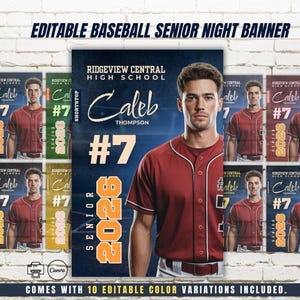 May include: A baseball senior night banner with a maroon baseball jersey and the name "Caleb Thompson". The banner includes the text "Ridgeview Central High School" and "Senior 2026". The image also includes multiple color variations.