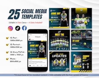 Tennis Social Media Template Bundle Editable in Canva Game Day Posts Player Highlights Match Schedule Designs for Teams and Coaches