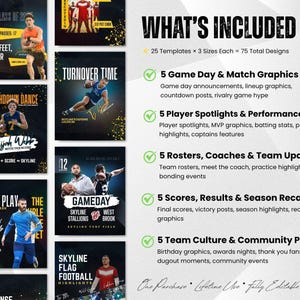 May include: A promotional graphic for football-themed social media templates. The design includes various layouts with action shots, team names, and phrases like "Touchdown Dance" and "Gameday." The text "What's Included" lists template features.