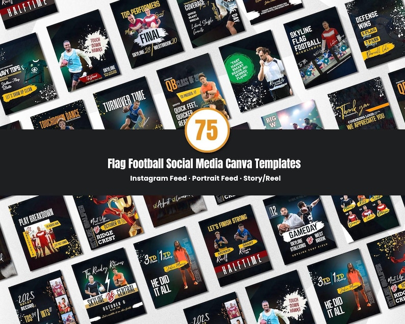 May include: A set of 75 Canva templates for flag football social media, featuring action shots and phrases like "Turnover Time" and "Defense Wins". The templates are designed for Instagram, portrait feeds, and stories, with a black, white, and gold colour scheme.