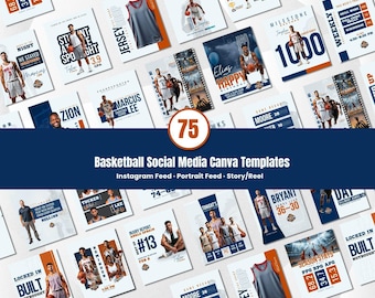 Basketbal Social Media Sjabloonbundel Bewerkbaar in Canva Speldagberichten Spelerstatistieken Wedstrijdschema Ontwerpen voor teams en sporters