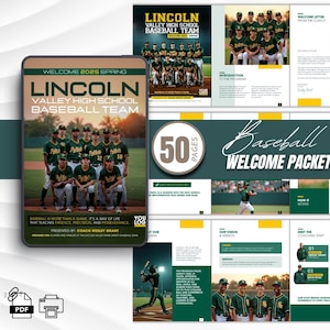 May include: A baseball welcome packet with a green and gold design. The cover features the Lincoln Valley High School Baseball Team. The packet includes team photos, welcome letters, and program information. The text reads "Welcome 2025 Spring" and "Baseball Welcome Packet."
