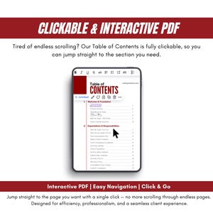 Pu&ograve; includere: Un tablet digitale che mostra un "Sommario" da un documento PDF. Il testo "CLICKABLE & INTERACTIVE PDF" &egrave; in alto, con testo aggiuntivo in basso. La parte inferiore dell'immagine recita "Interactive PDF | Easy Navigation | Click & Go".