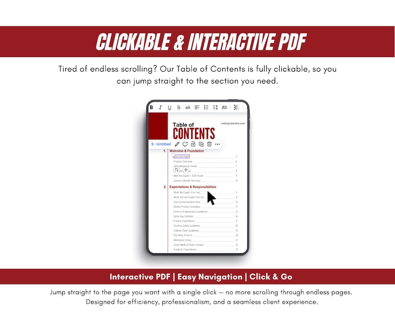 Pu&ograve; includere: Un tablet digitale che mostra un "Sommario" da un documento PDF. Il testo "CLICKABLE & INTERACTIVE PDF" &egrave; in alto, con testo aggiuntivo in basso. La parte inferiore dell'immagine recita "Interactive PDF | Easy Navigation | Click & Go".