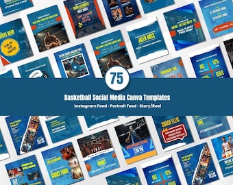 Basketbal social media sjabloonbundel bewerkbaar in canva Speldagberichten Spelerhoogtepunten Wedstrijdschema Ontwerpen voor teams en coaches