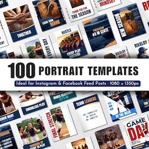 May include: A collection of 100 portrait templates for Instagram and Facebook feed posts. The templates feature baseball and softball themes with text like "Game Day", "Team Leaders", and "Final Stretch". The templates are 1080 x 1350px.