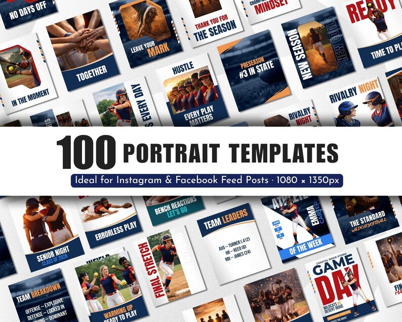May include: A collection of 100 portrait templates for Instagram and Facebook feed posts. The templates feature baseball and softball themes with text like "Game Day", "Team Leaders", and "Final Stretch". The templates are 1080 x 1350px.