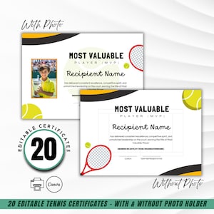 以下が含まれることがあります： 写真付きと写真なしの2つのテニス証明書。証明書は、テニスボールとラケットのグラフィックを備えた黄色と黒のデザインです。「Most Valuable Player」と「Recipient Name」のテキストが含まれています。画像には「20個の編集可能な証明書」と書かれたグラフィックも表示されています。