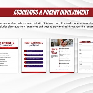 Pu&ograve; includere: Una collezione di quattro documenti con dettagli rossi e bianchi. I documenti includono "Opportunit&agrave; per i genitori volontari", "Aspettative e linee guida dei genitori", "Suggerimenti per lo studio per gli studenti" e "Scheda degli obiettivi accademici". Il titolo &egrave; "ACCADEMIA E COINVOLGIMENTO DEI GENITORI."