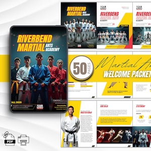 May include: A promotional packet for Riverbend Martial Arts Academy. The cover features a group of martial artists in various colored uniforms. The packet includes the text "Martial Arts Welcome Packet" and "50 Pages". The design incorporates yellow and black elements.
