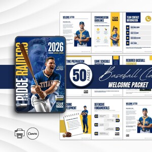 Puede incluir: Un paquete de bienvenida para un club de béisbol con un diseño azul marino y amarillo. La portada presenta a un jugador de béisbol con un bate. Incluye información de contacto, horarios y fundamentos defensivos.