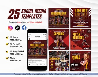25 Beachvolleyball Social Media Vorlagen | Spieltag, Spieler-Statistiken, Spielpläne & Mehr | Bearbeitbares Canva Kit - 4 Größen enthalten