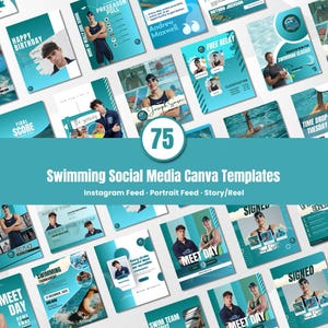 Pode incluir: Uma coleção de 75 modelos Canva para redes sociais com tema de natação. Os modelos apresentam designs turquesa e branco com imagens de nadadores, texto e gráficos. Para feeds do Instagram, feeds de retrato e histórias/reels.
