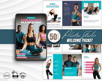 Paquete de bienvenida para estudios de Pilates editable en Canva. Plantilla de guía de 50 páginas para instructores, clientes y propietarios de estudios de Pilates.