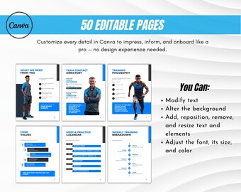 Blue Track and Field Team Handbook Template - Editable Canva Welcome Packet | 50-Page High School Coach Guide, Parent Letter