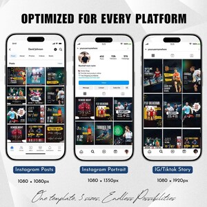 May include: Three smartphone screens displaying social media content. The screens show a baseball team's posts, portrait, and story formats. Text includes "Optimized for Every Platform" and "One template. 3 sizes. Endless Possibilities."
