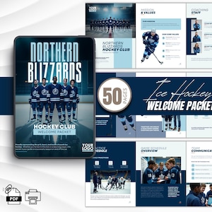 Puede incluir: Un paquete de bienvenida de hockey sobre hielo digital con un diseño azul marino y blanco. La portada presenta el texto "Northern Blizzards Hockey Club Welcome Packet" y una foto del equipo. Contiene 50 páginas.