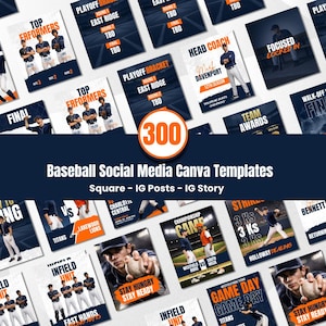 May include: A collection of baseball-themed social media Canva templates. The templates feature various designs with baseball players, team names, and game-related text. The color scheme includes navy blue, white, and orange accents. The text includes "Baseball Social Media Canva Templates".