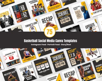 Ensemble de modèles de médias sociaux de basket-ball modifiables dans Canva Publications du jour du match Pleins feux sur les joueurs Conception de calendriers de matchs pour les équipes et les athlètes