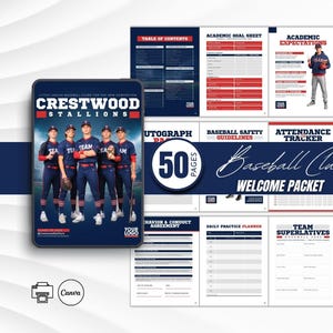 Op de afbeelding: Een 50-pagina tellend welkomstpakket voor een honkbalclub in donkerblauw en rood. De omslag toont vijf honkbalspelers en de tekst Crestwood Stallions. De binnenpagina's bevatten een academisch doelblad, veiligheidsrichtlijnen en een trainingsplanner.