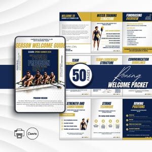 May include: A digital welcome guide for the Harbor Elite Rowing Club, in navy blue and gold. The guide includes the text "Power Precision Unity" and details on water training, fundraising, and team structure. The guide is 50 pages.