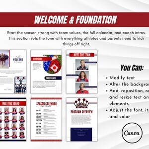 Pu&ograve; includere: Layout di documenti digitali con il titolo "WELCOME & FOUNDATION" in testo bianco su uno striscione rosso. Il layout include sezioni per le presentazioni del team, i valori fondamentali e un calendario stagionale. Il logo Canva &egrave; visibile.