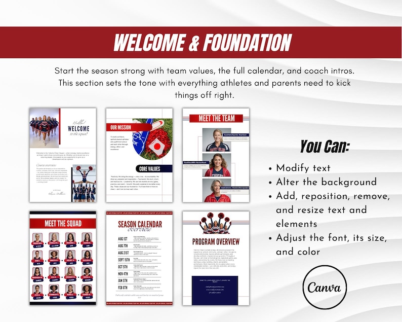 Pu&ograve; includere: Layout di documenti digitali con il titolo "WELCOME & FOUNDATION" in testo bianco su uno striscione rosso. Il layout include sezioni per le presentazioni del team, i valori fondamentali e un calendario stagionale. Il logo Canva &egrave; visibile.