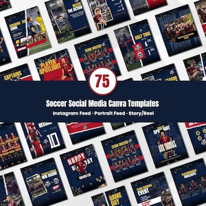 Puede incluir: Un conjunto de 75 plantillas de Canva con temática de fútbol para redes sociales. Las plantillas presentan un fondo azul oscuro con detalles en rojo y blanco. El texto incluye "Soccer Social Media Canva Templates".