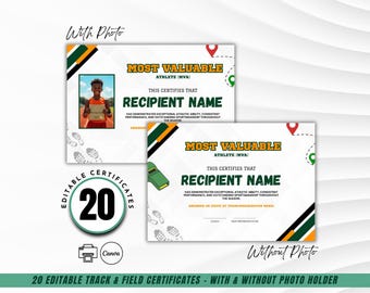 Editable Track and Field Certificates – Bundle of 20 Templates with & without Photo Holder | Printable Sports Awards | Canva Template