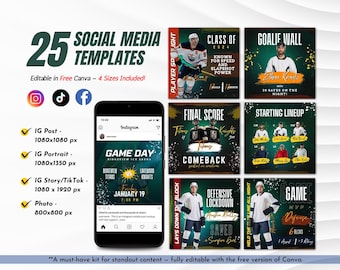 Paquete de plantillas editables en Canva para redes sociales sobre hockey sobre hielo: publicaciones para el día del partido, resúmenes de jugadores, diseños de calendario de partidos para equipos y entrenadores.