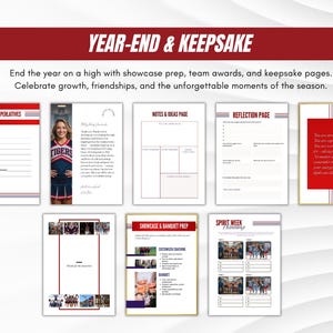 Pu&ograve; includere: Una raccolta di pagine per un ricordo di fine anno. Le pagine includono sezioni per i superlativi di squadra, note, riflessioni e preparazione della vetrina. Il testo "YEAR-END & KEEPSAKE" &egrave; in alto in rosso e bianco.