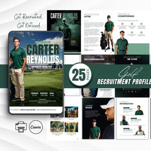 May include: A golf recruitment profile kit with a dark green and white design. The kit includes a profile of Carter Reynolds, a varsity golfer, with his height, weight, and GPA. The kit also includes pages for training, achievements, and career goals.