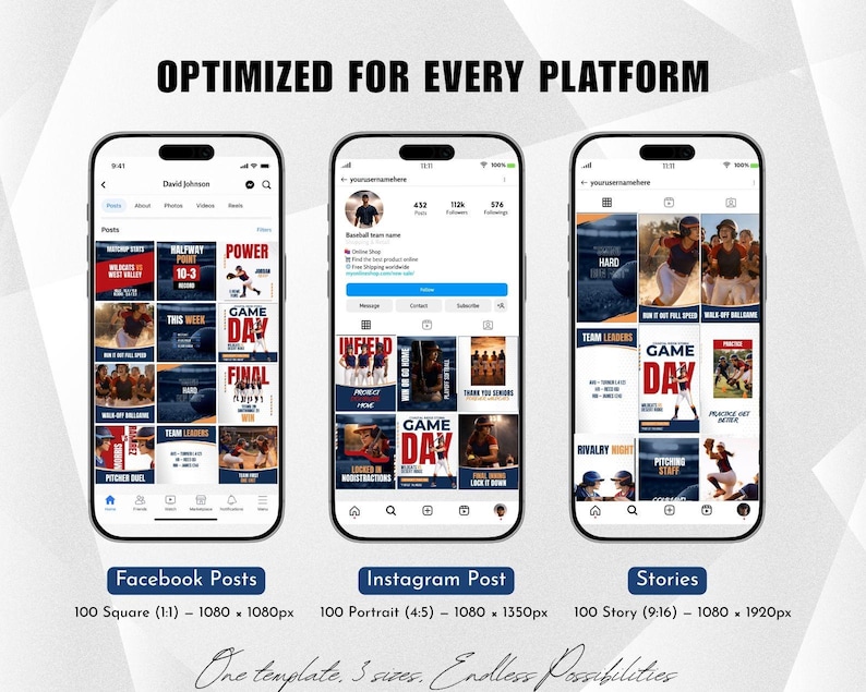 May include: Three smartphone screens displaying social media posts. The first shows Facebook posts, the second an Instagram post, and the third, stories. Text includes "OPTIMIZED FOR EVERY PLATFORM" and "One template. 3 sizes. Endless Possibilities."