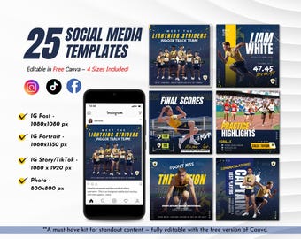 25 Indoor Track and Field Social Media Templates | Game Day, Player Stats, Match Schedules & More | Editable Canva Kit – 4 Sizes Included